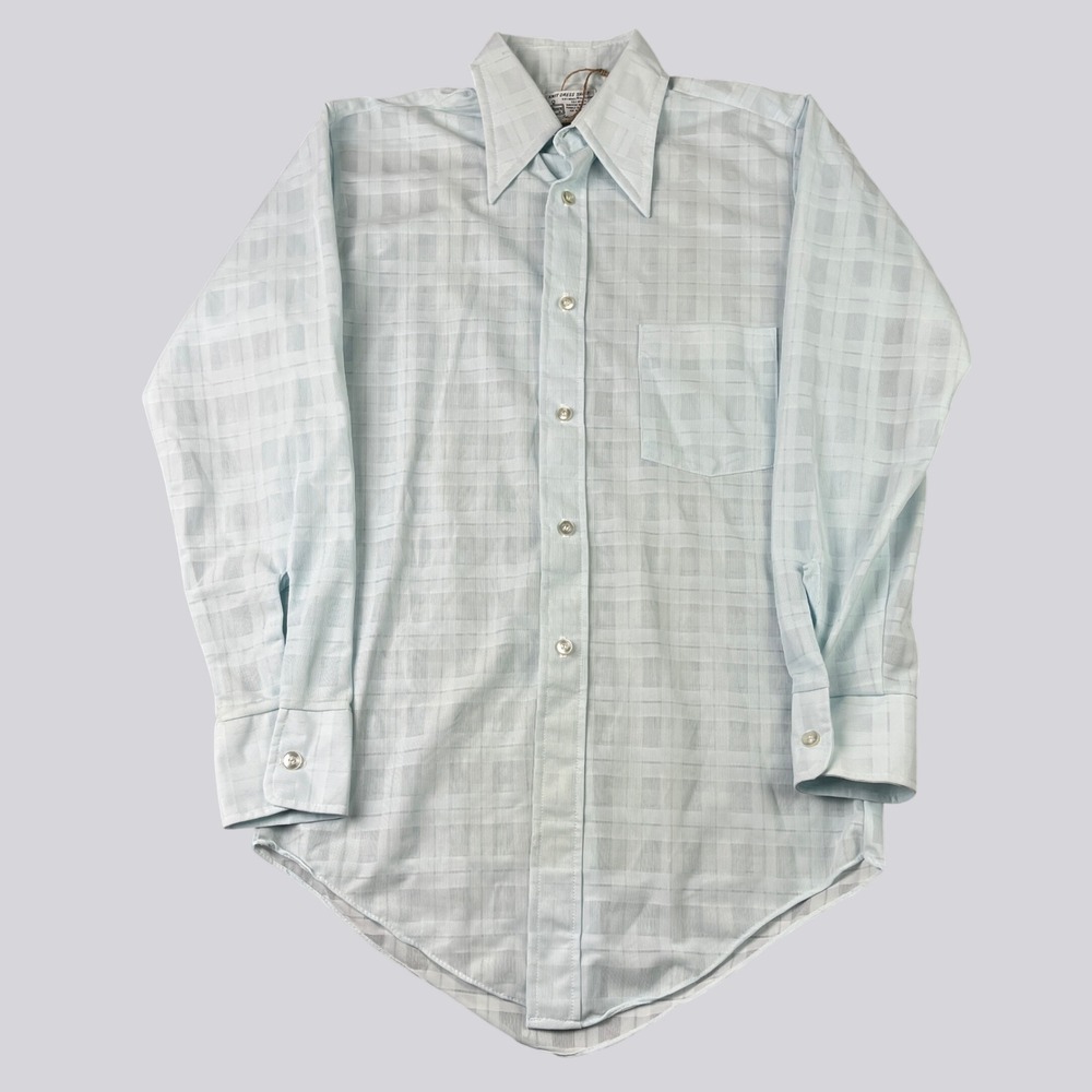 Vintage 70s Kmart Knit Dress Shirt Mens 15-33 Light Blue Arnel Triacetate Disco